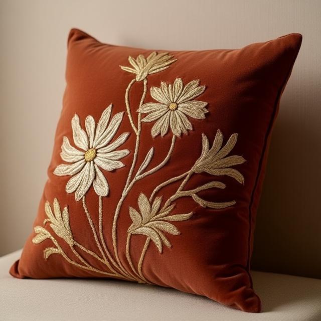Intricately embroidered velvet cushion with traditional motifs