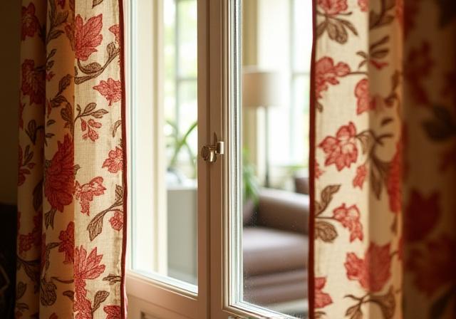 Vibrant block-printed patterned curtains in a modern lounge